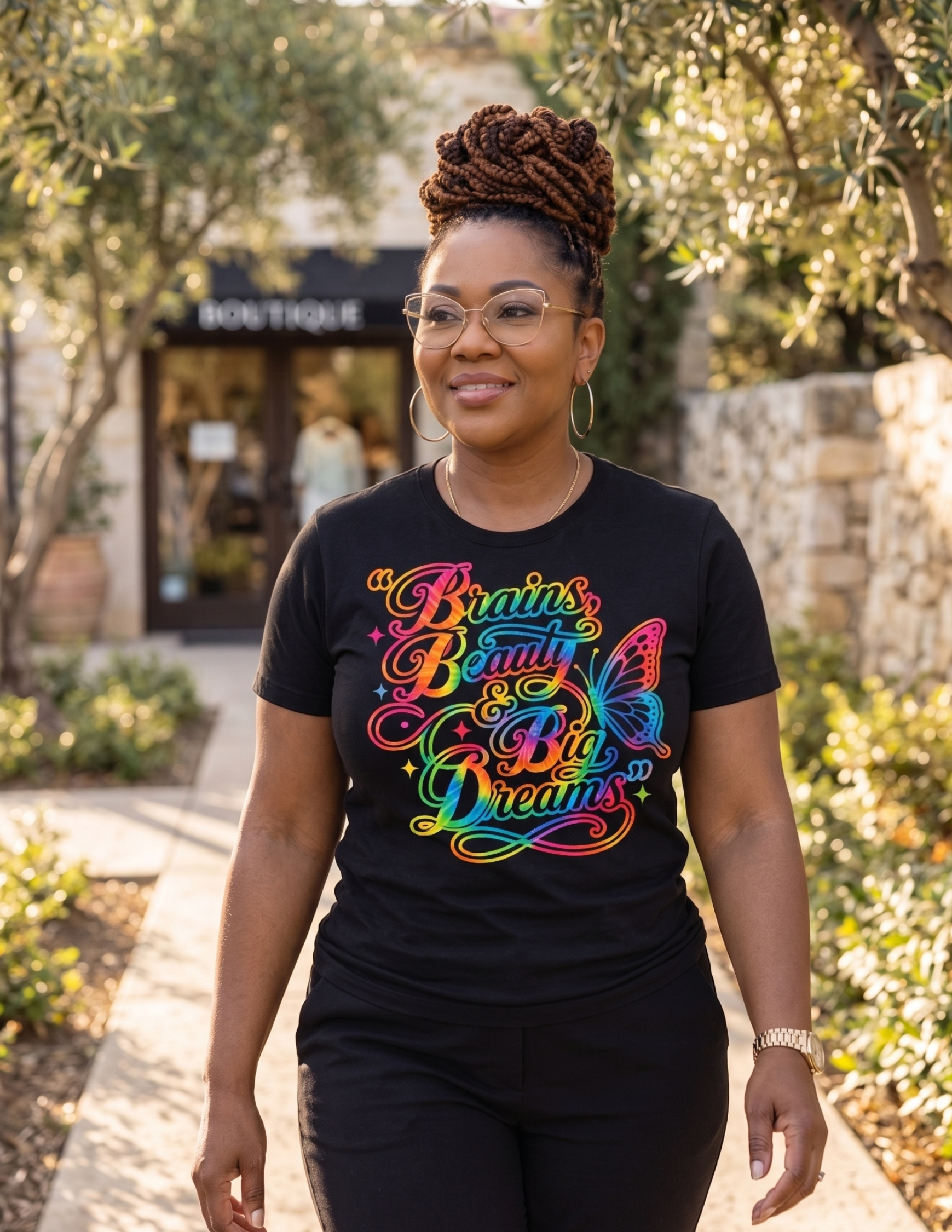 Brains, Beauty & Big Dreams Rainbow Tie Dye Butterfly Graphic Tee | Inspirational Shirt