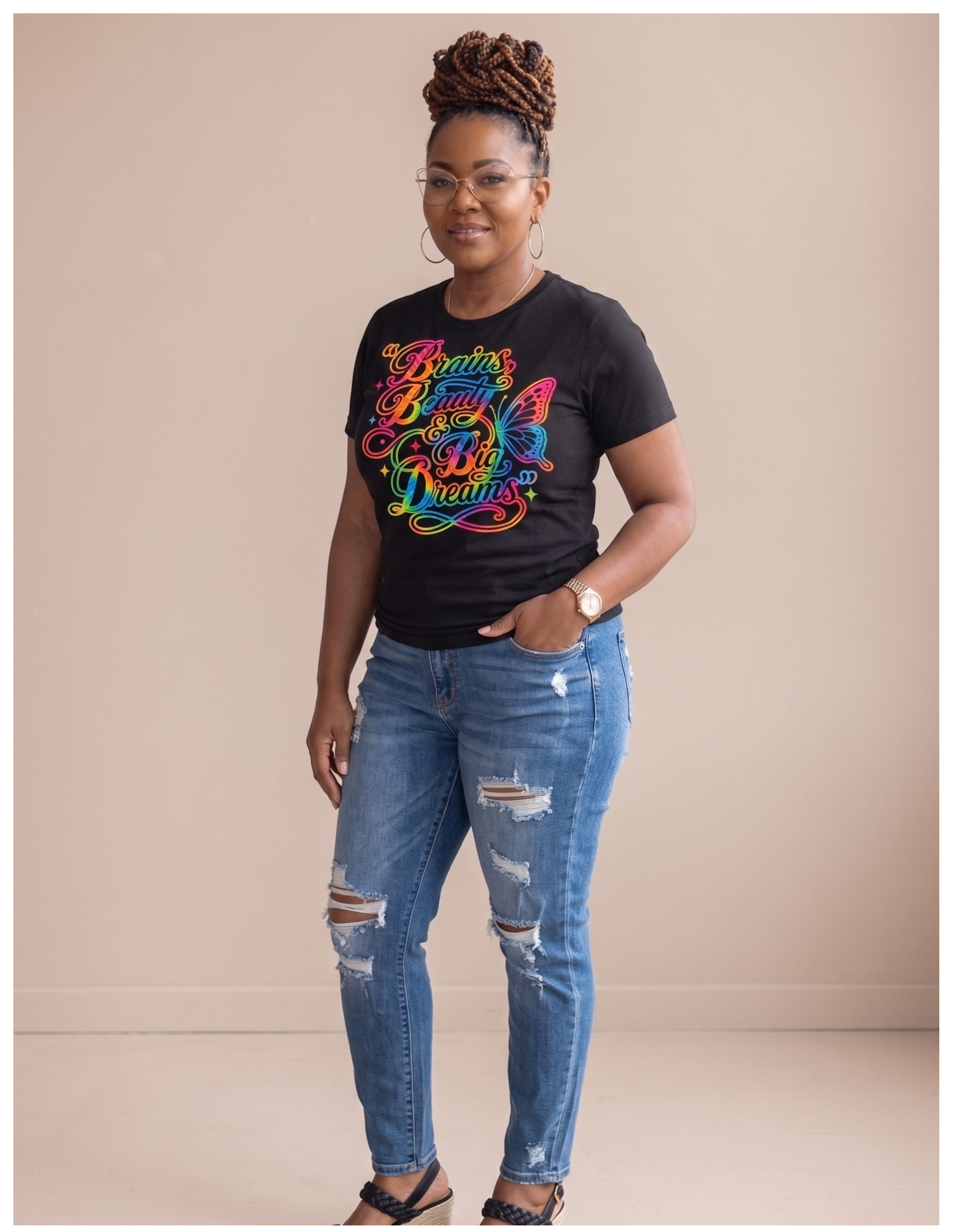 Brains, Beauty & Big Dreams Rainbow Tie Dye Butterfly Graphic Tee | Inspirational Shirt