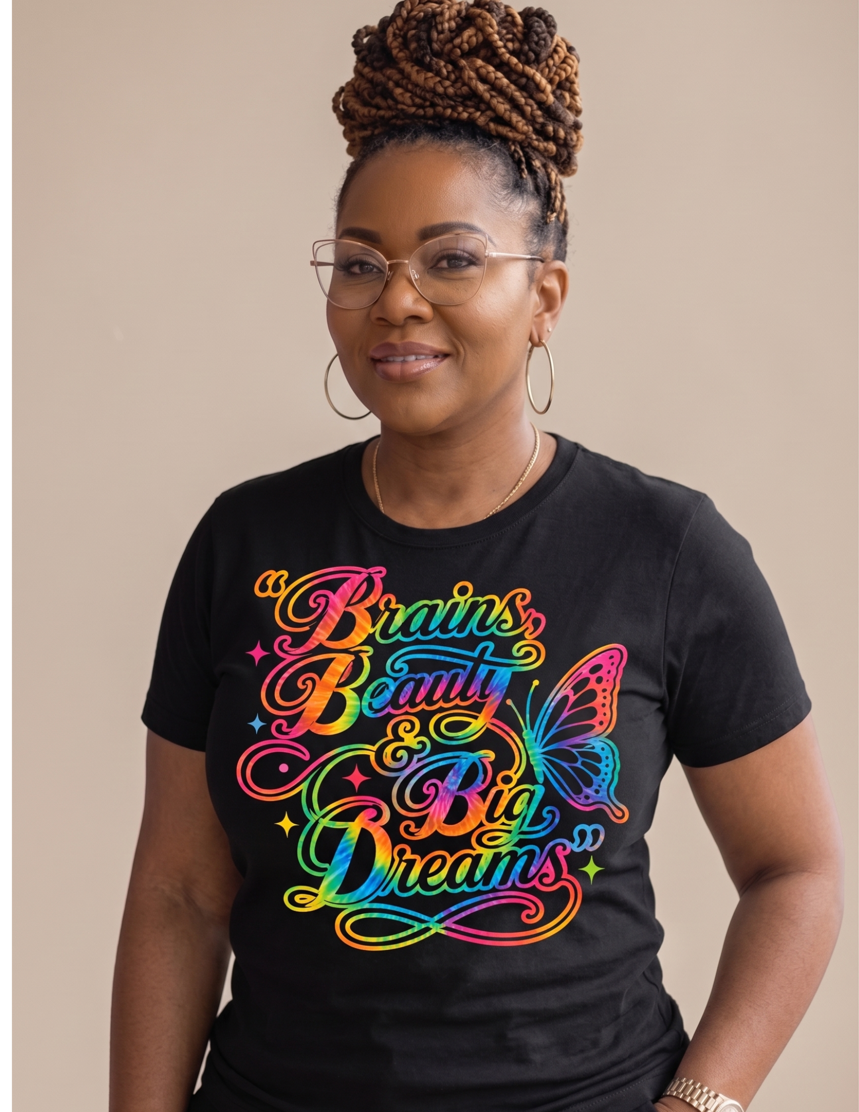 Brains, Beauty & Big Dreams Rainbow Tie Dye Butterfly Graphic Tee | Inspirational Shirt