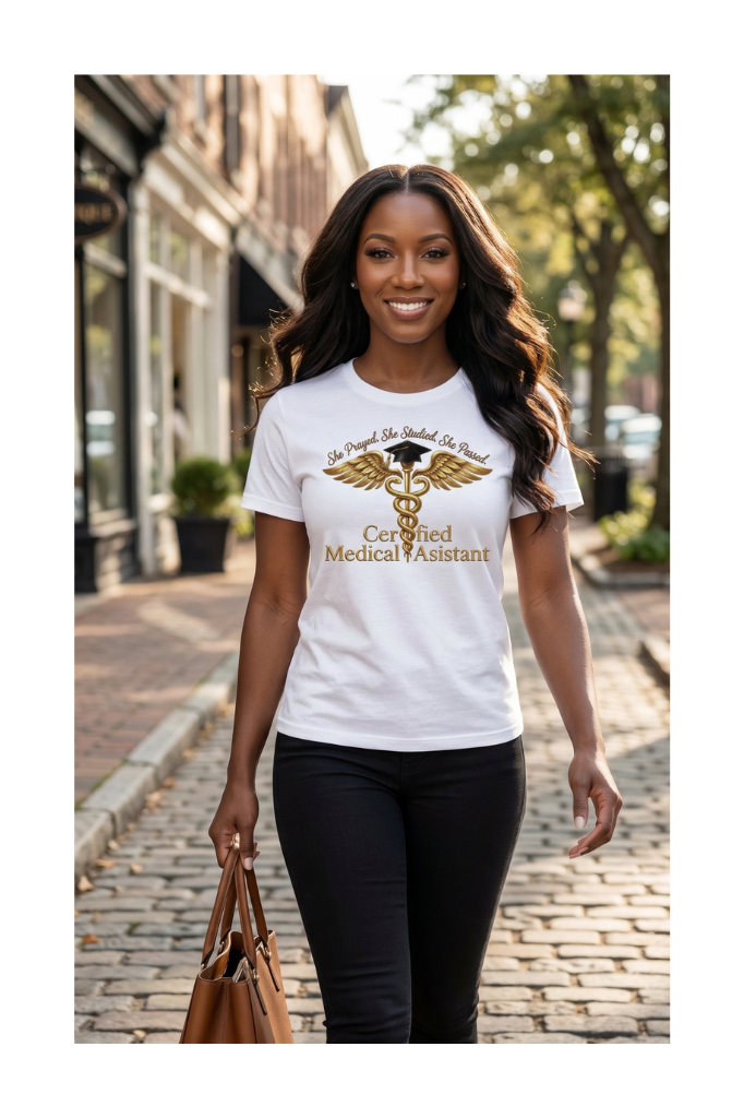 Certified Medical Assistant Shirt – She Prayed, Studied, Passed CCMA Gift ✨