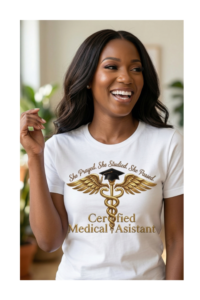 Certified Medical Assistant Shirt – She Prayed, Studied, Passed CCMA Gift ✨