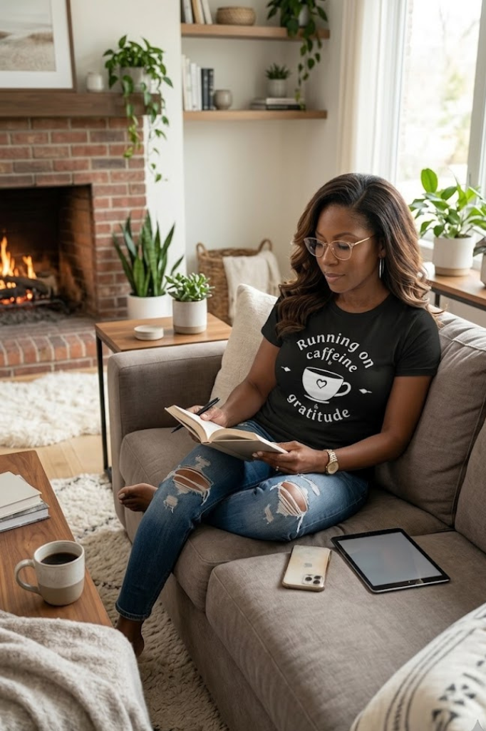 Running on Caffeine and Gratitude T-Shirt | Coffee Lover Graphic Tee for Women