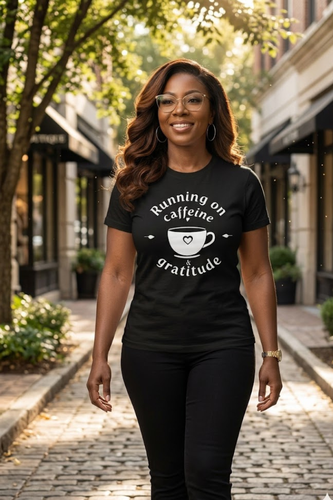 Running on Caffeine and Gratitude T-Shirt | Coffee Lover Graphic Tee for Women