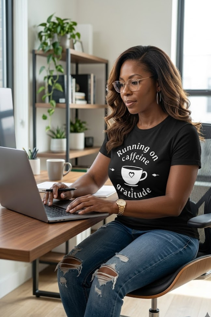 Running on Caffeine and Gratitude T-Shirt | Coffee Lover Graphic Tee for Women