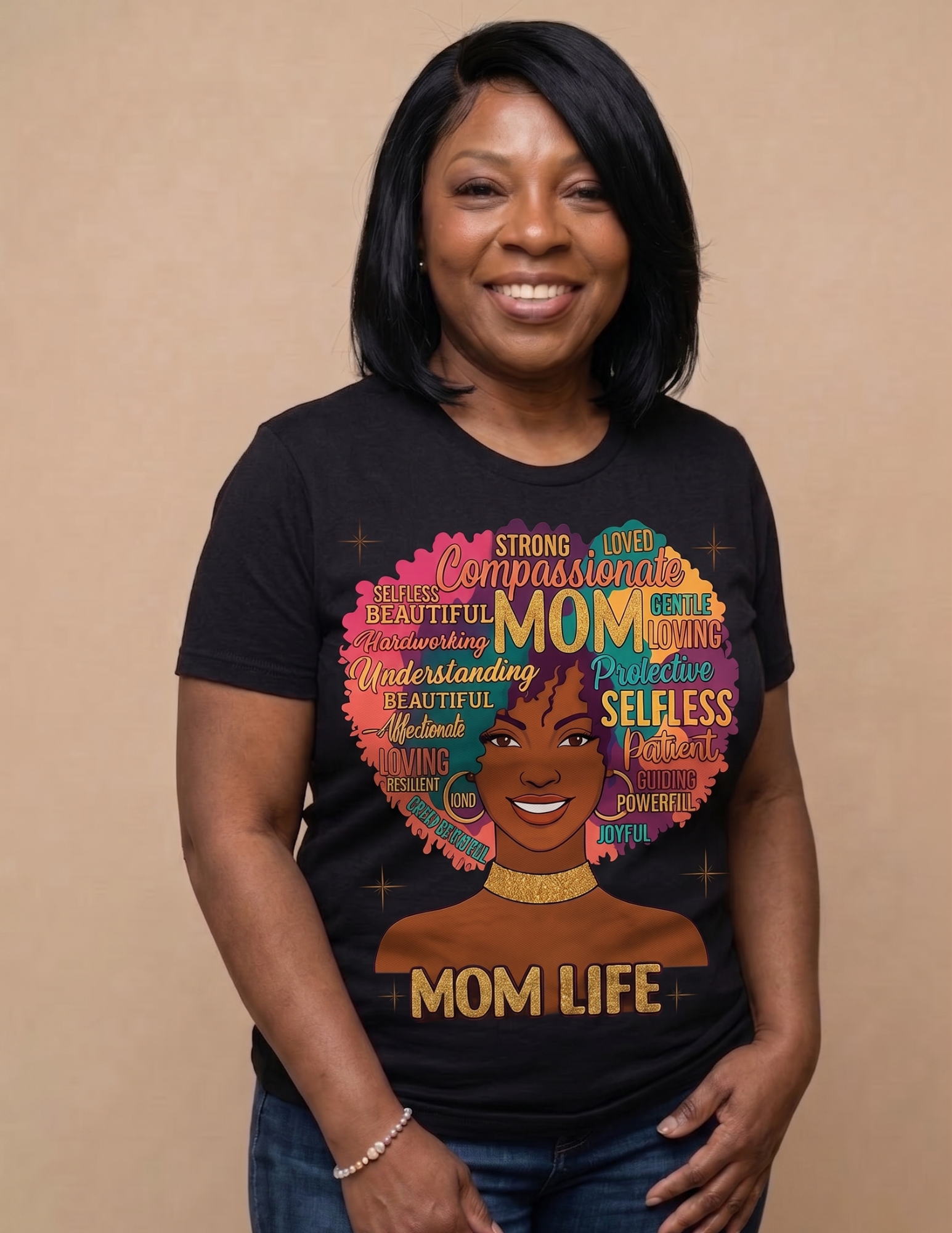 Mom Life Afro Word Art Graphic Tee | Empowered Black Motherhood Shirt | Melanin Mom Gift