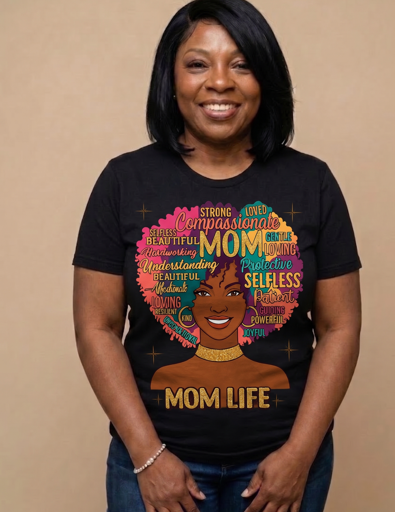 Mom Life Afro Word Art Graphic Tee | Empowered Black Motherhood Shirt | Melanin Mom Gift