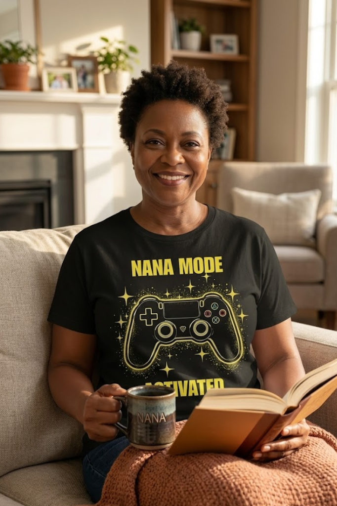 Nana Mode Activated T-Shirt | Retro Gaming Graphic Tee for Grandmas | Fun & Playful Nana Gift | Yellow