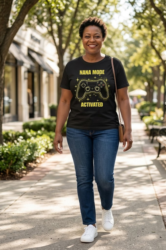 Nana Mode Activated T-Shirt | Retro Gaming Graphic Tee for Grandmas | Fun & Playful Nana Gift | Yellow