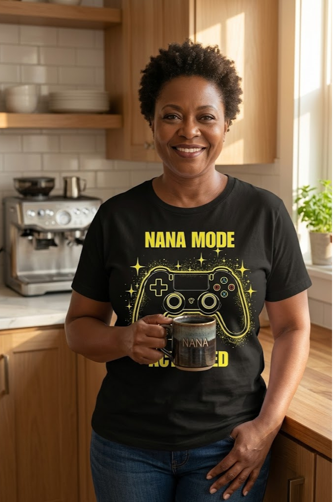 Nana Mode Activated T-Shirt | Retro Gaming Graphic Tee for Grandmas | Fun & Playful Nana Gift | Yellow