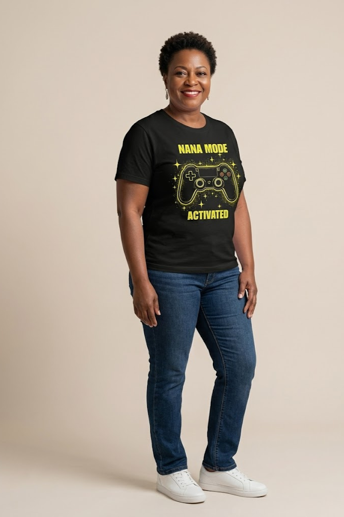 Nana Mode Activated T-Shirt | Retro Gaming Graphic Tee for Grandmas | Fun & Playful Nana Gift | Yellow