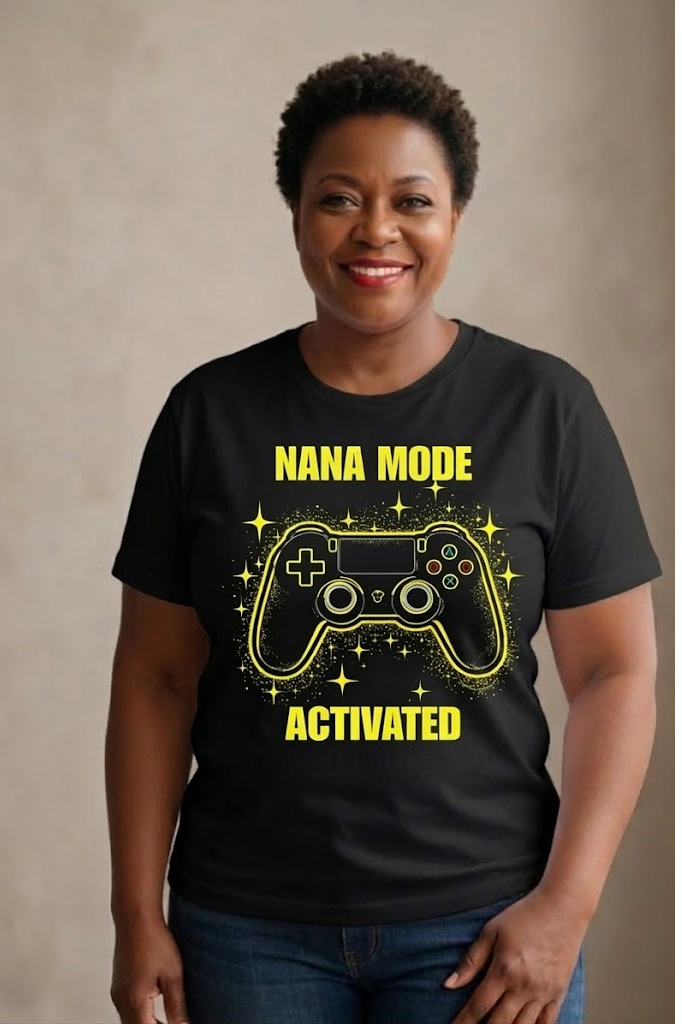 Nana Mode Activated T-Shirt | Retro Gaming Graphic Tee for Grandmas | Fun & Playful Nana Gift | Yellow