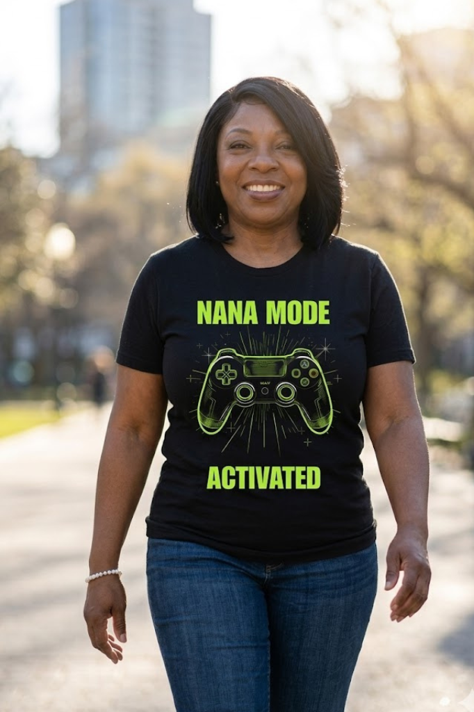 Nana Mode Activated T-Shirt | Retro Gaming Graphic Tee for Grandmas | Fun & Playful Nana Gift |  Green