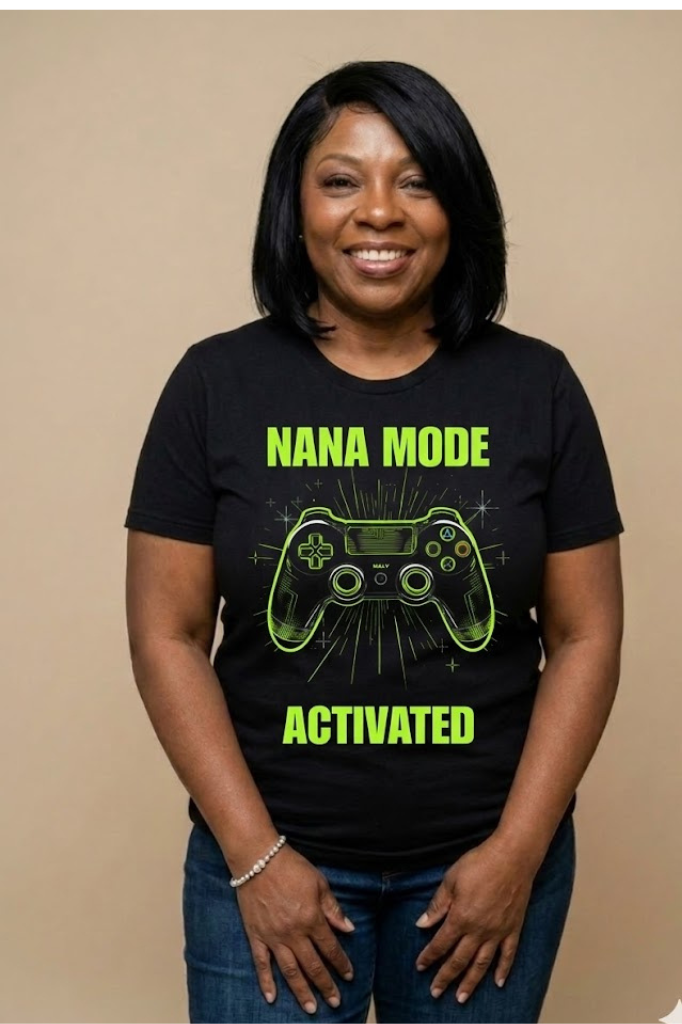 Nana Mode Activated T-Shirt | Retro Gaming Graphic Tee for Grandmas | Fun & Playful Nana Gift |  Green