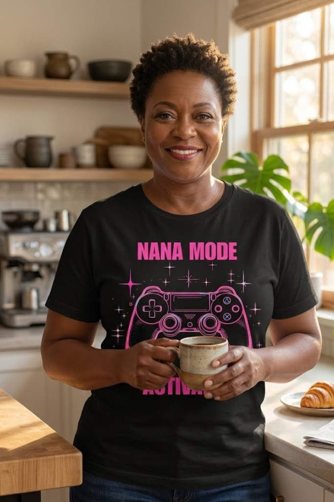 Nana Mode Activated T-Shirt | Retro Gaming Graphic Tee for Grandmas | Fun & Playful Nana Gift |Pink
