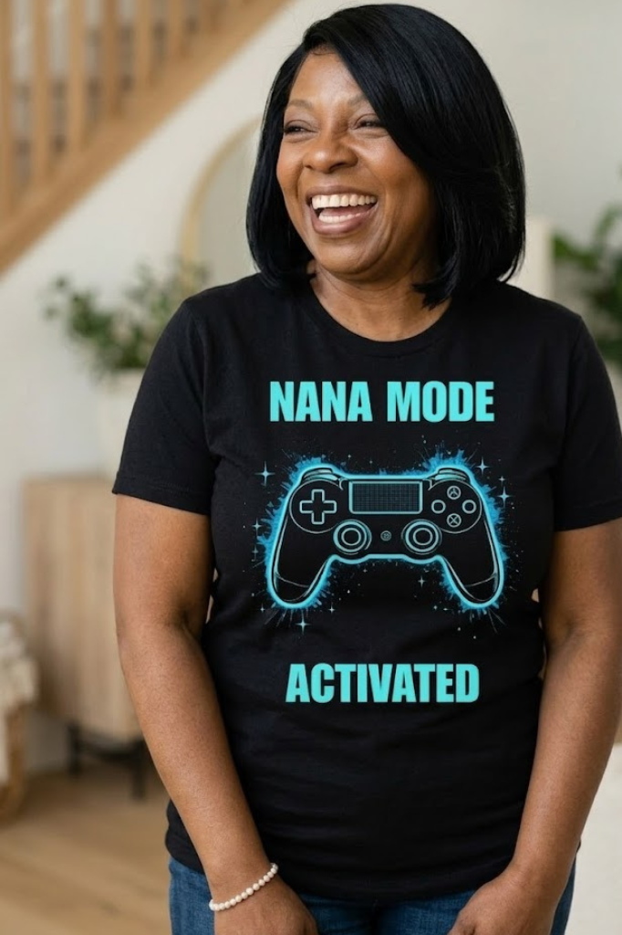 Nana Mode Activated T-Shirt | Retro Gaming Graphic Tee for Grandmas | Fun & Playful Nana Gift | Blue