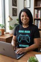 Nana Mode Activated T-Shirt | Retro Gaming Graphic Tee for Grandmas | Fun & Playful Nana Gift | Blue