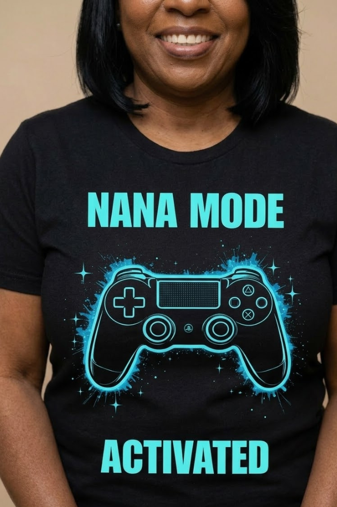 Nana Mode Activated T-Shirt | Retro Gaming Graphic Tee for Grandmas | Fun & Playful Nana Gift | Blue