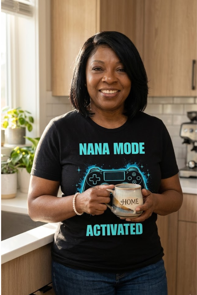 Nana Mode Activated T-Shirt | Retro Gaming Graphic Tee for Grandmas | Fun & Playful Nana Gift | Blue