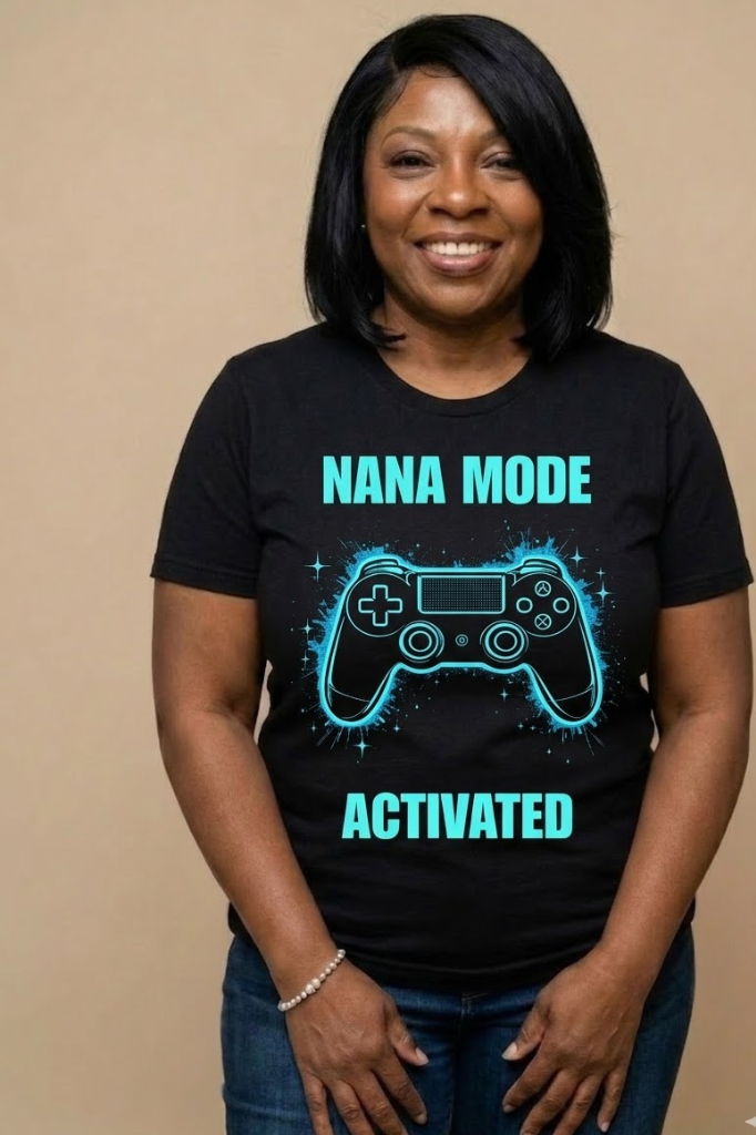 Nana Mode Activated T-Shirt | Retro Gaming Graphic Tee for Grandmas | Fun & Playful Nana Gift | Blue
