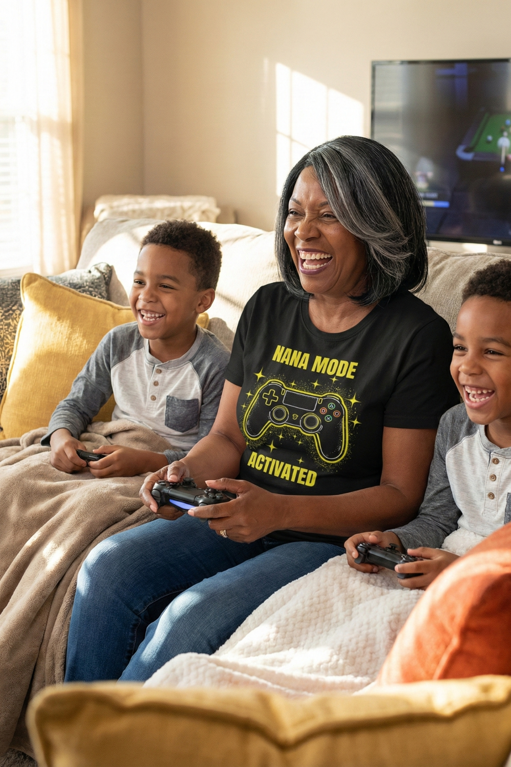 Nana Mode Activated T-Shirt | Retro Gaming Graphic Tee for Grandmas | Fun & Playful Nana Gift | Yellow